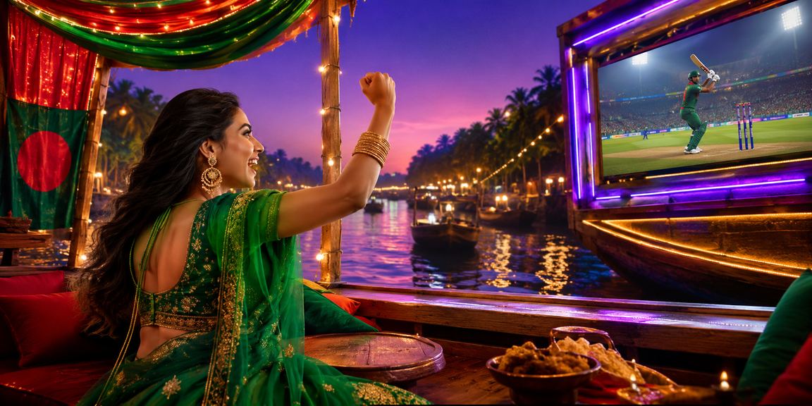 সুন্দরবনের পাশে শাড়ি পরা একজন নারী মোবাইলে ক্রিকেট বেটিং উপভোগ করছেন